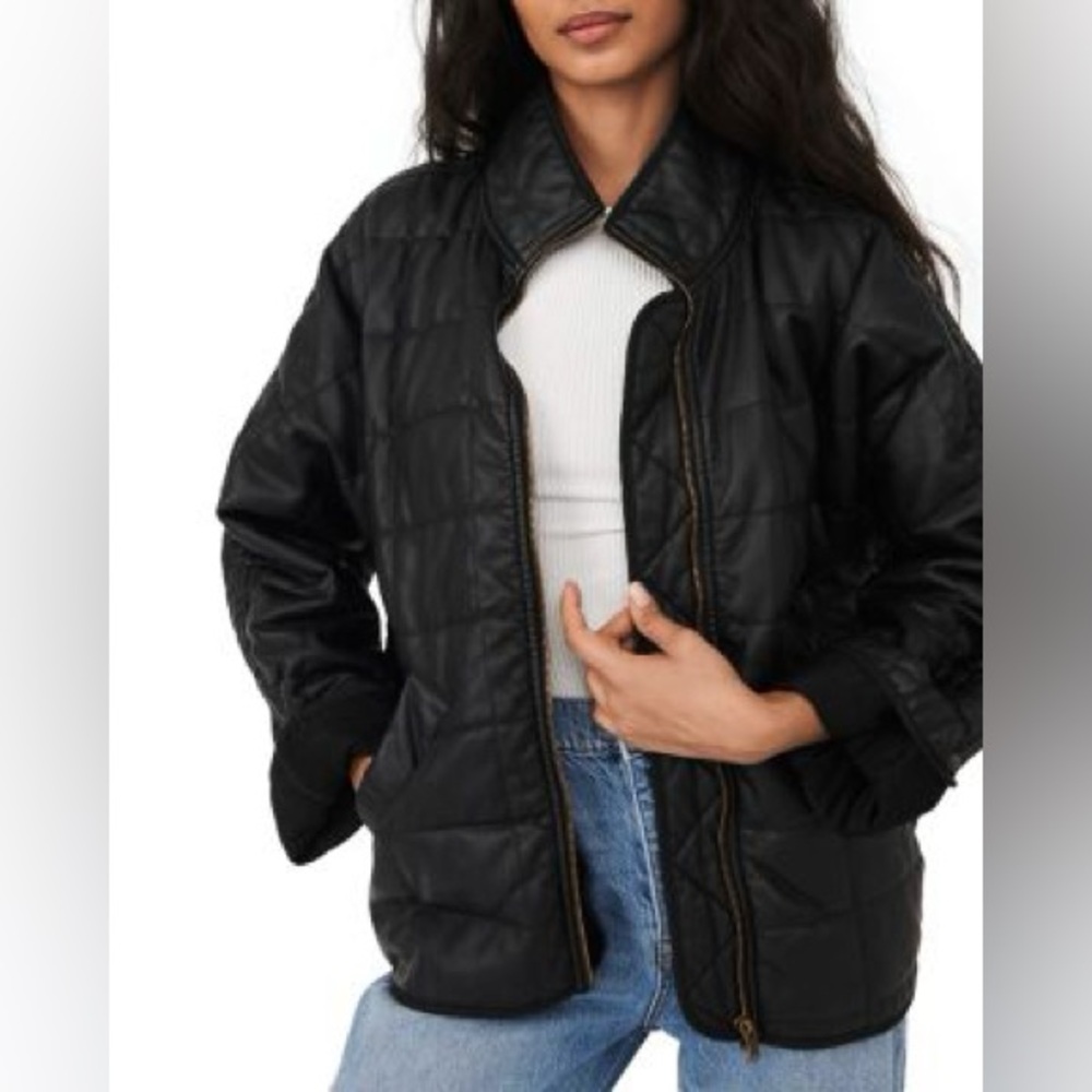 Free People Quilted Vegan Leather Jacket in Black size Medium
